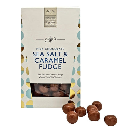 Joybox sea salt caramel fudge coated in milk chocolate from Jag Couture London - New York, shown in a carton.