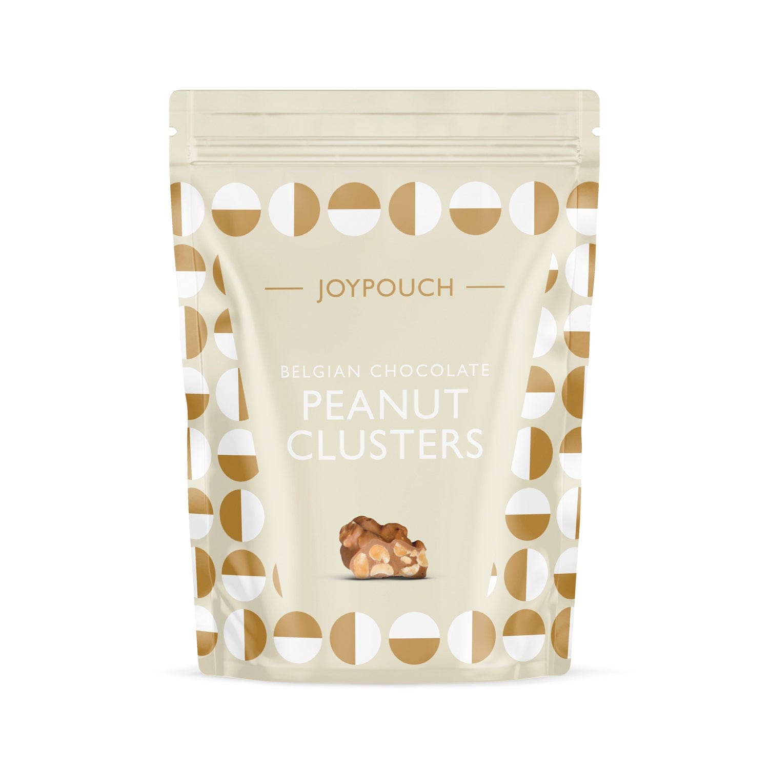 Joypouch milk chocolate covered peanut clusters by Jag Couture London New York, close-up of glossy chocolate and crunchy peanuts.