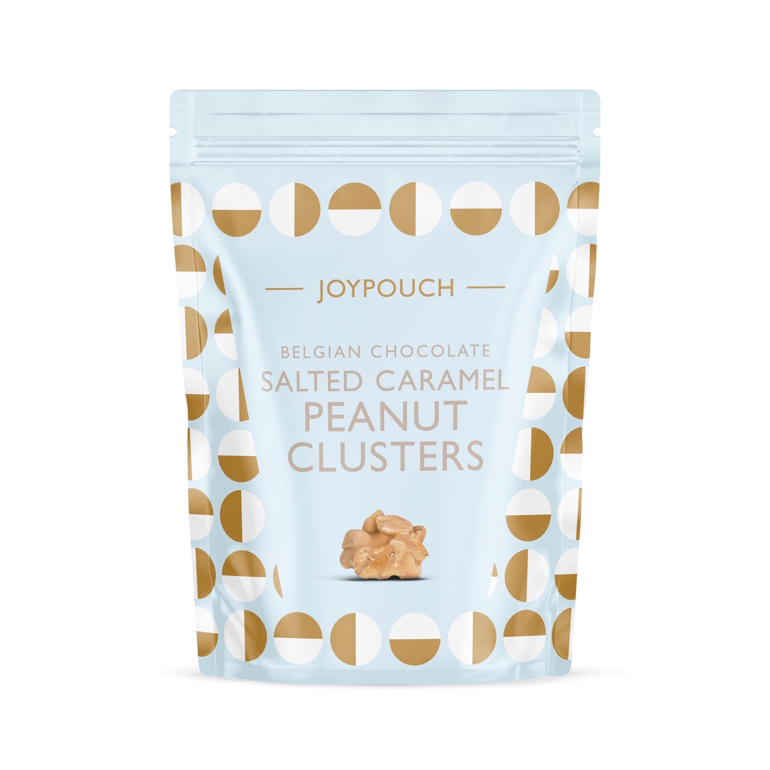 Joypouch milk chocolate-covered salted caramel clusters by Jag Couture London - New York, showing glossy chocolates with caramel centers.