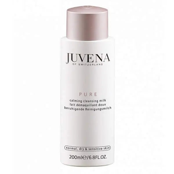 Juvena Pure Calming Cleansing Milk in 200ml bottle, designed for gentle facial cleansing, by Jag Couture London New York.