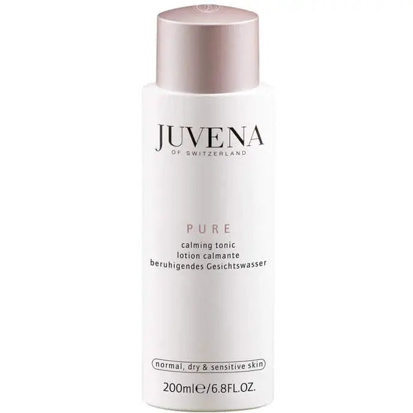 Jag Couture London-New York Juvena Pure Calming Tonic 200ml bottle, clear liquid skincare product with a minimalist label.