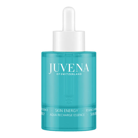 Juvena Skin Energy Serum Aqua Recharge Essence in 50ml bottle, highlighting its hydrating and revitalizing skincare features