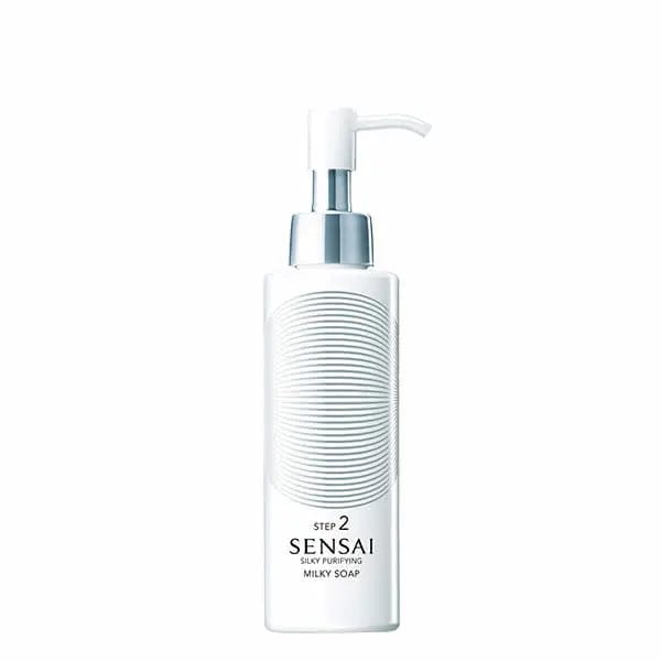 Kanebo Sensai Silky Purifying Milky Soap 150ml, creamy cleanser with smooth texture, in a white bottle with elegant packaging.