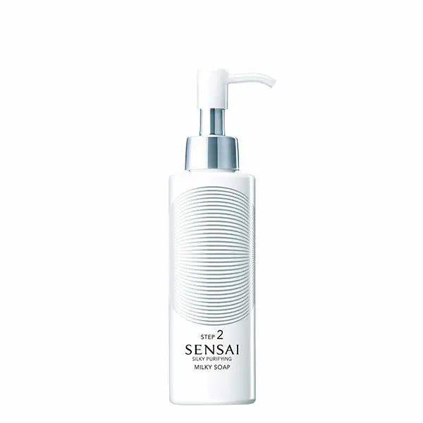 Kanebo Sensai Silky Purifying Milky Soap 150ml in a sleek bottle, designed for gentle cleansing and skin purification.