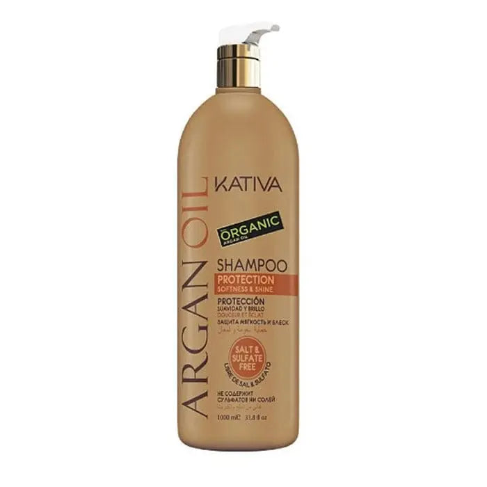 Kativa Argan Oil Shampoo by Jag Couture London features rich formula for soft, shiny hair in a 1000ml bottle.
