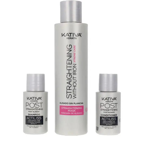 Jag Couture London New York Kativa Keratin Anti-Frizz Smoothing Set with three pieces for frizz control and hair smoothing without ironing