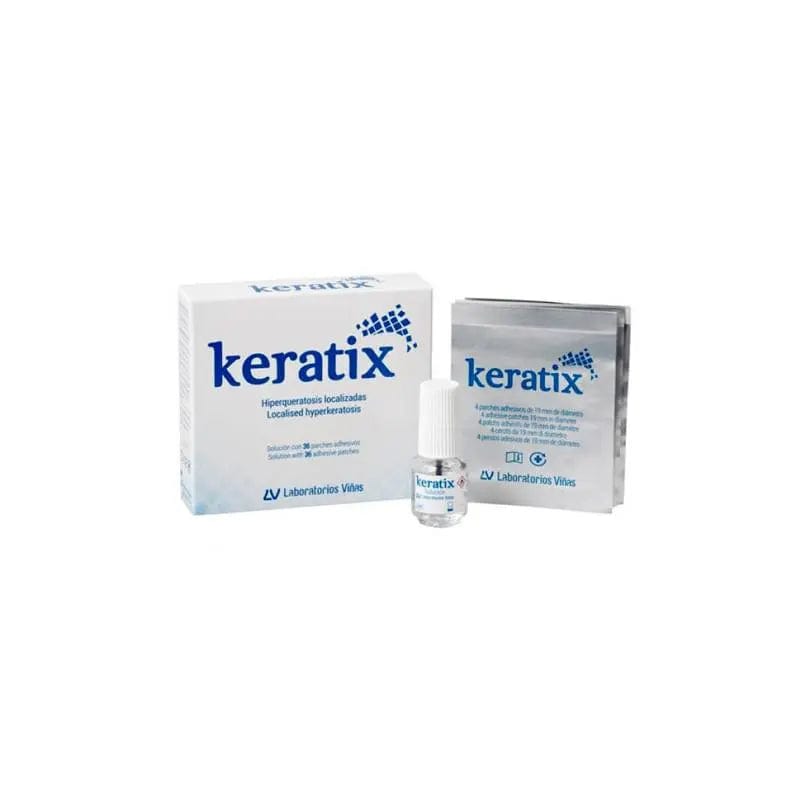 Keratix Solution 3g with 36 adhesive patches by Jag Couture London - New York, close-up of product and patches on a white background