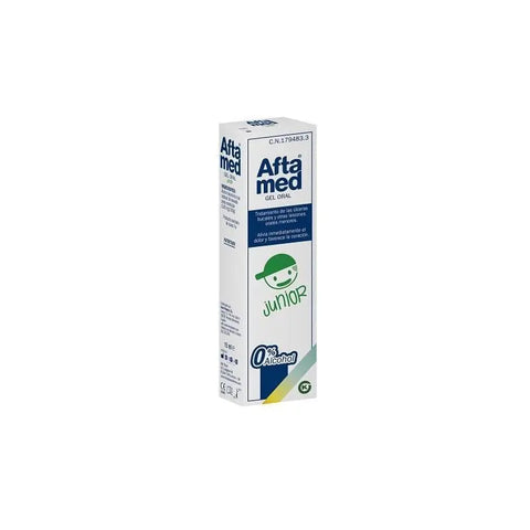 Kern Pharma Aftamed Gel Junior 15ml tube, used for soothing oral ulcers in children, with a white and blue packaging.