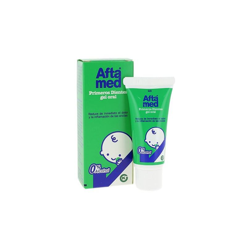 Kern Pharma Aftamed Primeros Dientes Gel Oral, 15ml, for soothing baby teething discomfort, shown in a transparent tube.