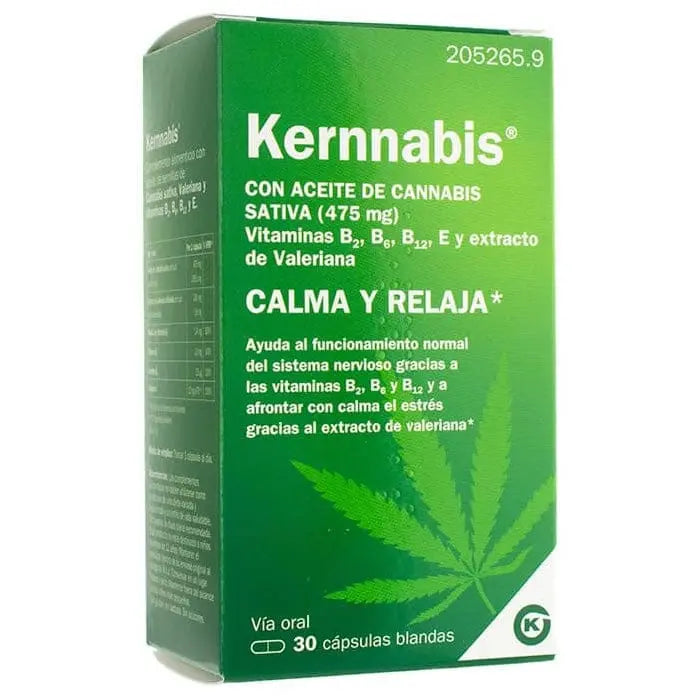 Kernnabis 30 capsules by Jag Couture London New York, close-up of the bottle showing the label and capsules inside.