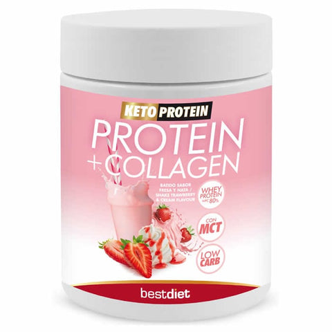 Jag Couture London New York Keto Protein Collagen Shake in Strawberry and Cream flavor, 400g, with a scoop of powder and a glass.
