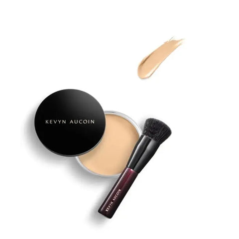 Kevyn Aucoin The Foundation Balm in Light FB 02, a close-up of the product container with the brand logo and packaging details.