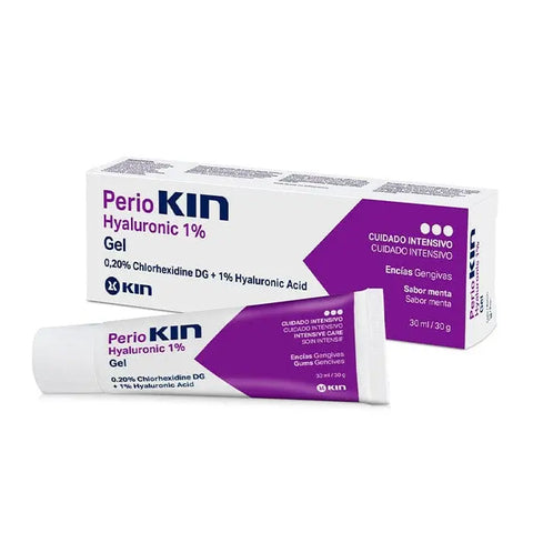 Kin Periokin Hyaluronic 1% Gel in 30ml jar, featuring clear gel with branding, from Jag Couture London New York.