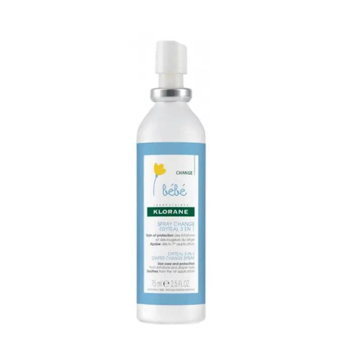 Klorane Baby Change Spray Eryteal 3 in 1 bottle, gentle skincare spray for babies, with a white and blue packaging design.