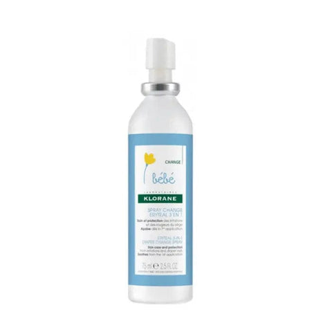 Klorane Baby Change Spray Eryteal 3 in 1 bottle, gentle skincare spray for babies, with a white and blue packaging design.