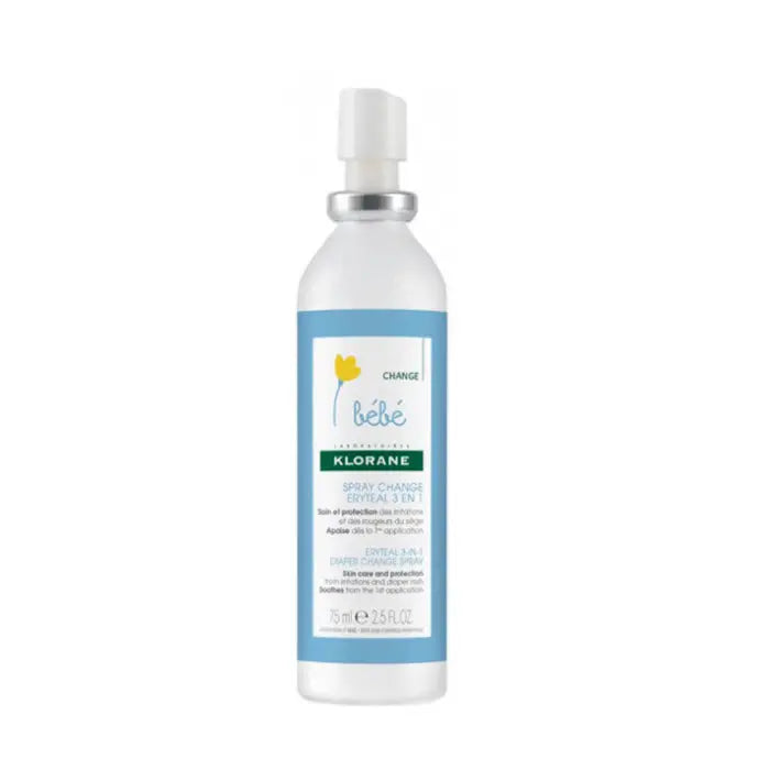 Klorane Baby Change Spray Eryteal 3 in 1, 75 ml, in a spray bottle with a white cap and label showing the product name.