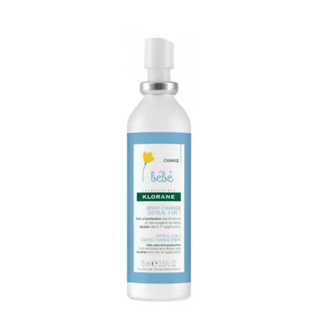 Klorane Baby Change Spray Eryteal 3 in 1, 75 ml, in a spray bottle with a white cap and label showing the product name.