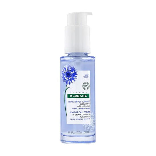 Klorane Cornflower BIO Cornflower Toning Awakening Serum 50ml bottle, natural skincare product with blue and white label, close-up view