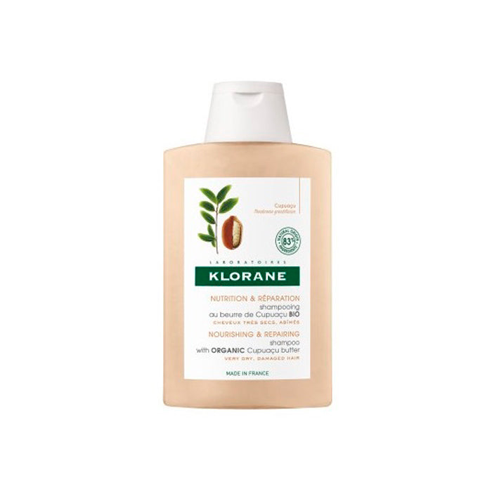 Klorane Organic Cupuaçu Butter Shampoo 200 ml bottle with a pump dispenser, featuring a clean and natural design.