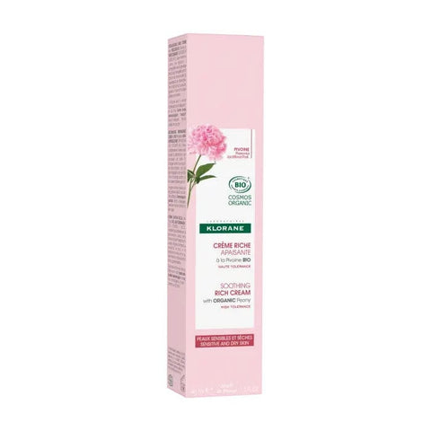 Klorane Peony Rich Cream in 40ml jar, featuring soft pink and white packaging, ideal for nourishing and hydrating skin.