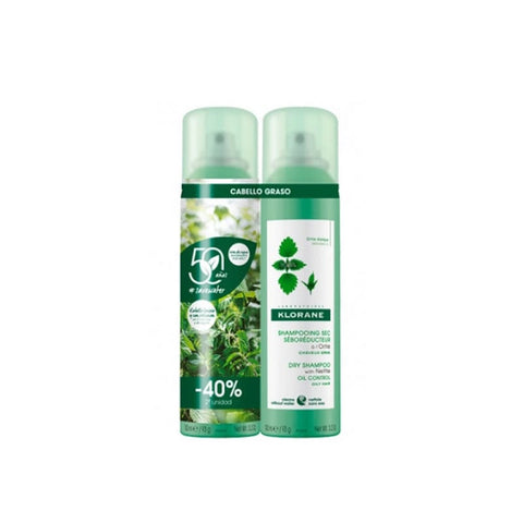 Klorane Purifying Dry Shampoo with Nettle, 2x150ml bottles, featuring natural spray bottles and green nettle ingredients.