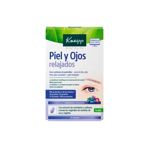 Kneipp Relaxed Skin & Eyes supplement capsules in a clear bottle, featuring 30 capsules for skin and eye relaxation.