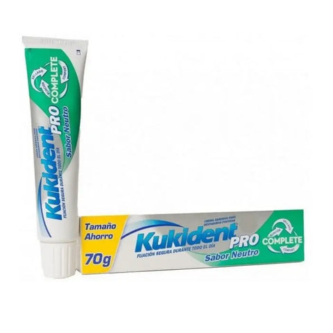 Kukident Complete Pro Neutro extra size denture adhesive cream in 70g jar, displayed in a clear container with branding.