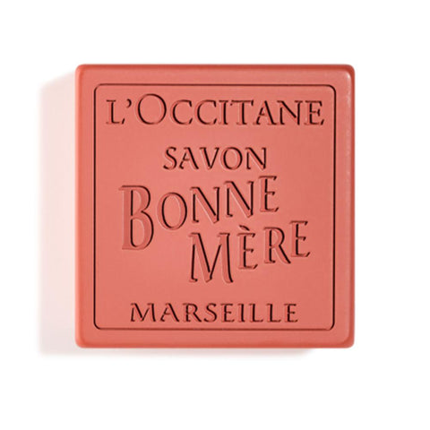L'Occitane Bonne Mère Savon Rubarba Basil soap bar, 100g, with fresh basil and herbal scent, in a white packaging.