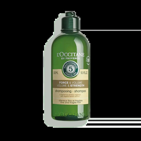 L'occitane Strength and Volume Shampoo 300ml by Jag Couture London - New York, bottle with label and pump dispenser.
