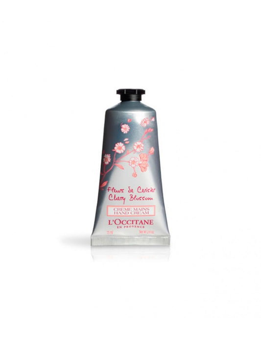 L'Occitane Cherry Blossom Hand Cream 75ml in a sleek tube, with soft pink cherry blossom design, by Jag Couture London - New York.