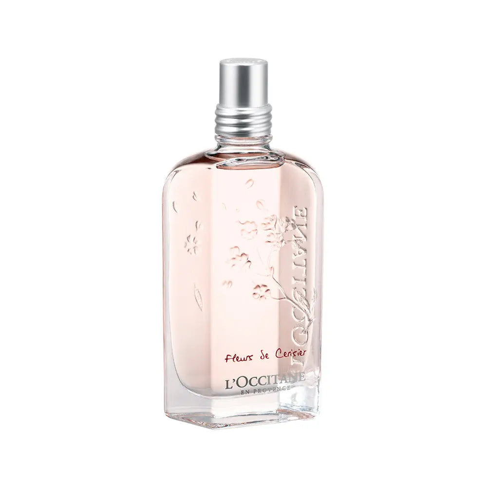 L'Occitane Fleurs Cerisier Etv 75ml perfume bottle with cherry blossom design, featuring a clear glass container and pink accents.