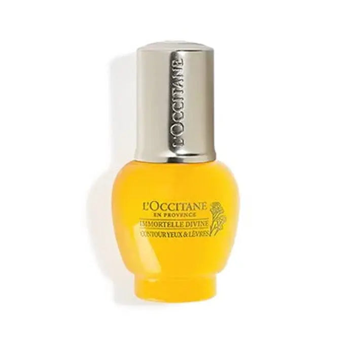 L'Occitane Immortelle Divine Eye & Lips Contour cream in 15ml jar, featuring luxurious skincare for delicate areas.