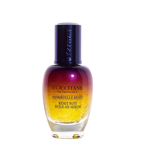 L'occitane Immortelle Reset Overnight Oil-in-Serum bottle on a white background, highlighting the luxurious skincare product by Jag Couture London.