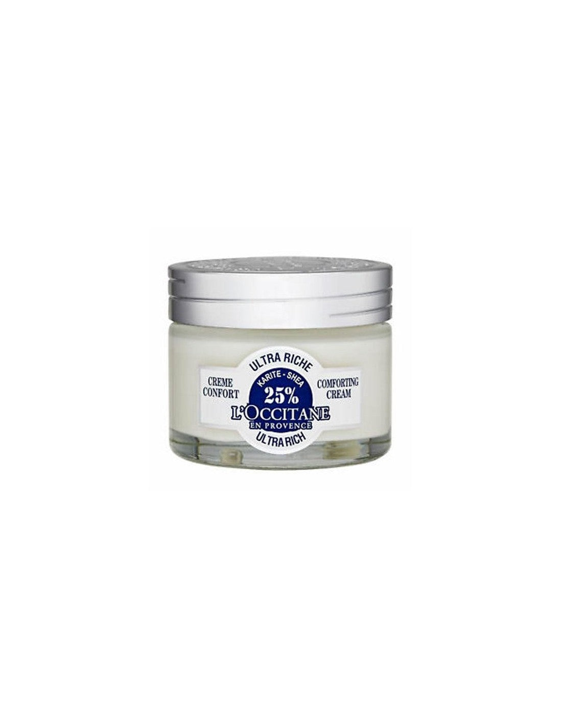 L'Occitane Karité Crème Visage Ultra Riche 50ml jar with creamy texture, designed for nourishing and hydrating dry skin.