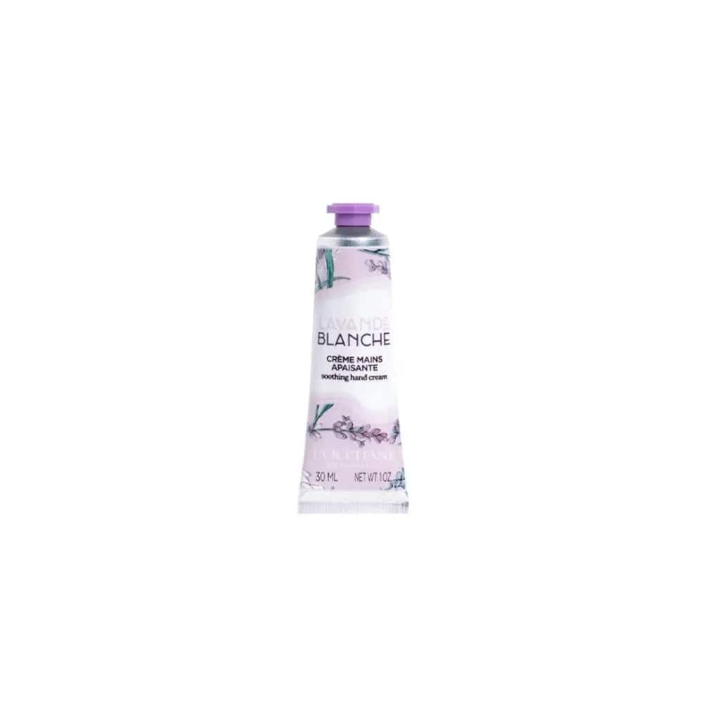 Jag Couture London New York L'Occitane Lavanda Blanca Hand Cream 30ml, white lavender scented moisturizer in a sleek tube.