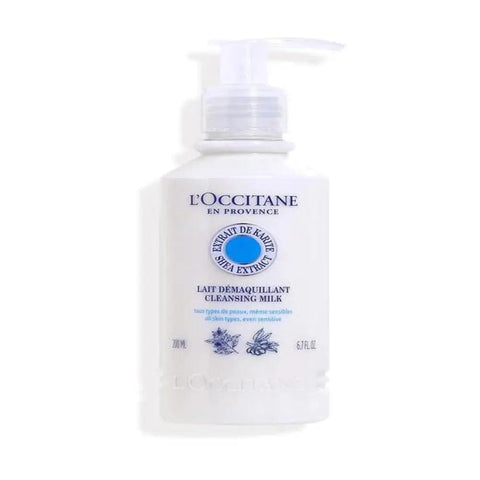 L'Occitane Leche Limpiadora 200ml cleansing milk bottle with white packaging and blue accents, designed for gentle facial cleansing.
