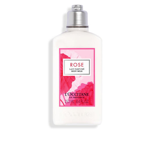 L'Occitane Rosa Leche Corporal 250ml moisturizing body lotion with rose scent, displayed in a sleek bottle.