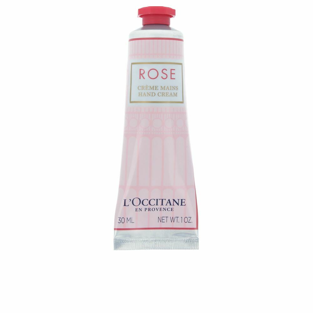 Jag Couture London New York L'Occitane Rose Crème Mains 30ml hand cream in a pink tube with floral design.