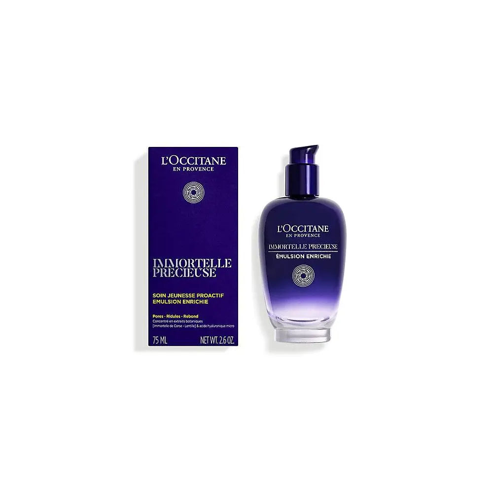 L'Occitane Siempreviva Preciosa Emulsión 75ml bottle with elegant packaging, featuring floral and botanical design.