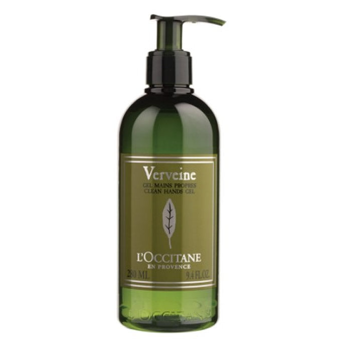 L'Occitane Verbena Hand Sanitiser 280ml bottle with clear label and green accents, featuring a pump dispenser.