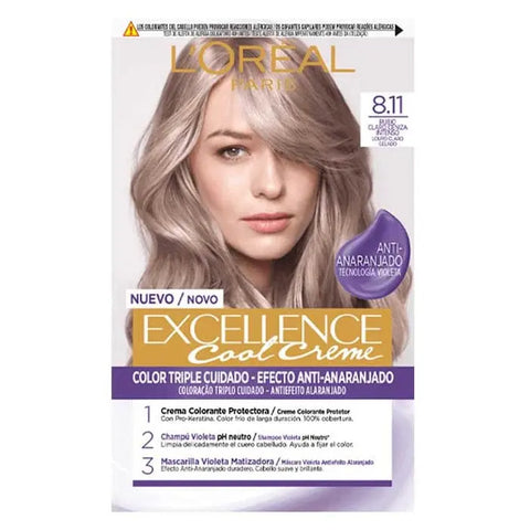 L'Oreal Professionnel Excellence Cool Creme 8.11 Light Ash Blonde hair dye tube, 192ml, with packaging featuring blonde hair image.