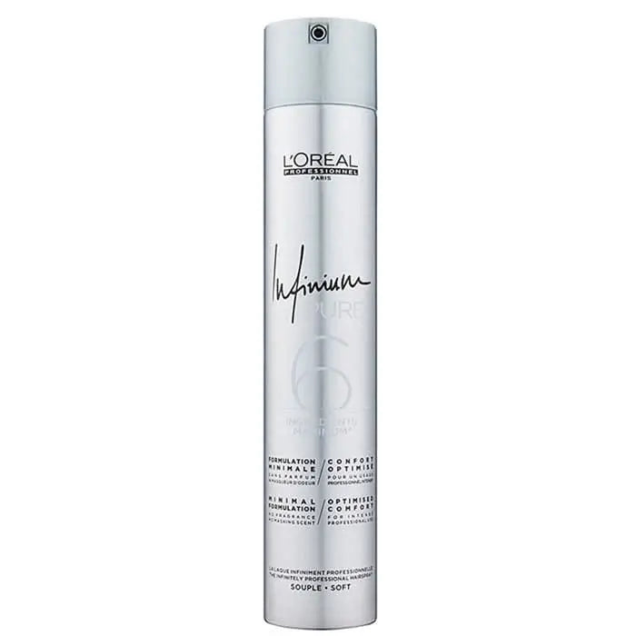 L’Oréal Professionnel Infinium Hairspray Soft 500ml spray bottle with black cap, designed for flexible hold and shine.