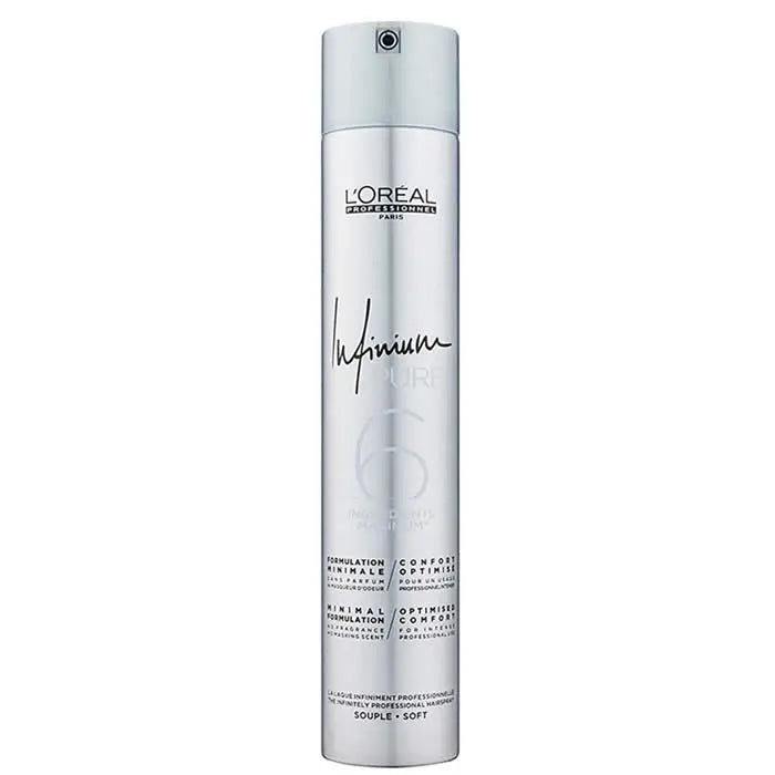 L’Oréal Professionnel Infinium Hairspray Soft 500ml bottle with spray nozzle, designed for flexible hold and shiny hair.