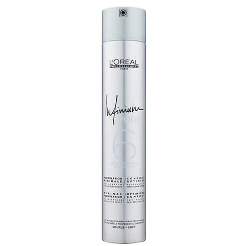 L’Oréal Professionnel Infinium Hairspray Soft 500ml bottle with spray nozzle, designed for flexible hold and shiny hair.