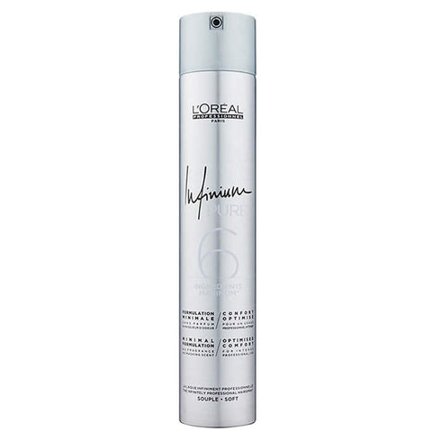 L’Oréal Professionnel Infinium Hairspray Soft 500ml bottle, with spray nozzle, used for flexible hold and finishing hairstyles.
