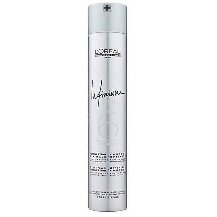 L’Oréal Professionnel Infinium Hairspray Strong 500ml bottle, showcasing the professional hair spray product with a sleek design.