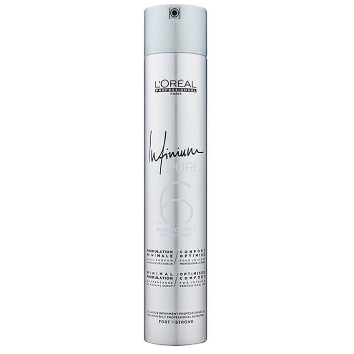 L’Oréal Professionnel Infinium Hairspray Strong 500ml spray bottle with black cap, used for strong hold styling.