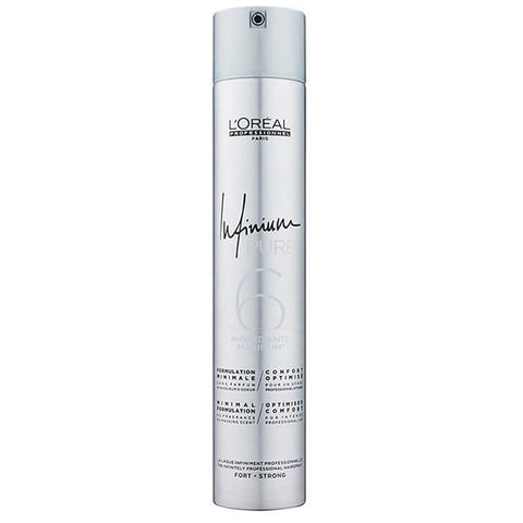 L’Oréal Professionnel Infinium Hairspray Strong 500ml spray bottle with black cap, used for strong hold styling.