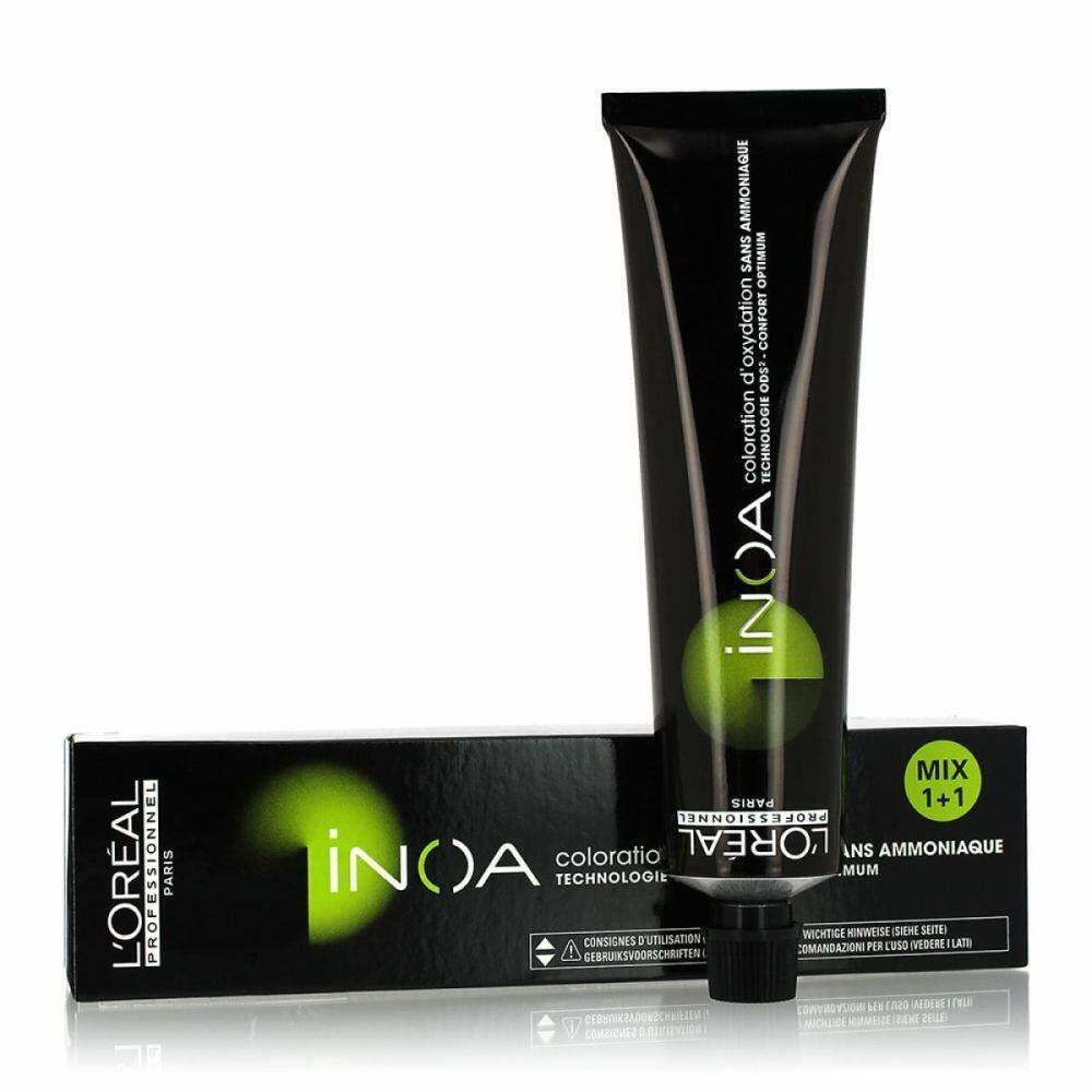 L'oreal Professionnel Inoa No Ammonia Permanent Hair Color 7.43 applied to hair, 60g jar, shown in the image.