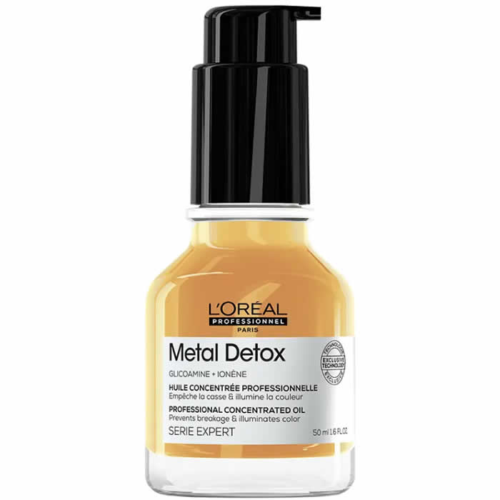 L'Oréal Professionnel Metal Detox Concentrated Oil bottle, 50ml, with sleek packaging and dropper for hair treatment.